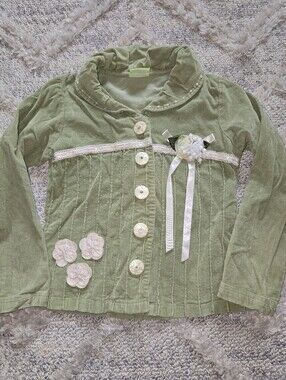 Vintage Cutecumber Corduroy Light Green Sage Embellished Jacket Girls Size 6/7